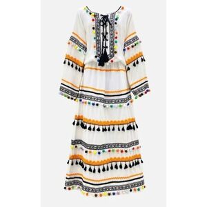 Dodo Bar Or Printed PomPom Bohemian Multicolor Festival Maxi Dress M Folk Artsy